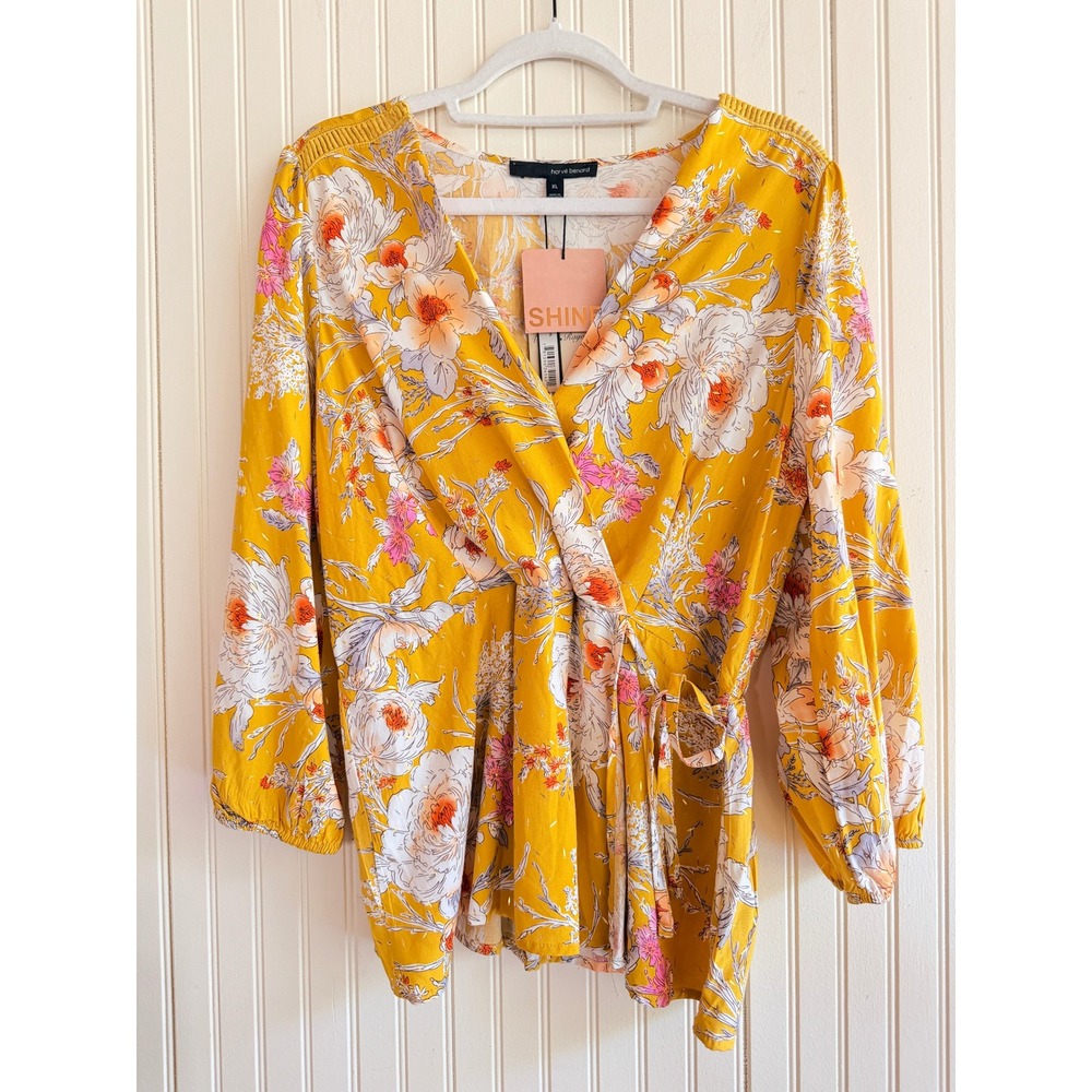 Harve Benard Yellow Floral Gold‎ Foil Wrap Blouse XL New